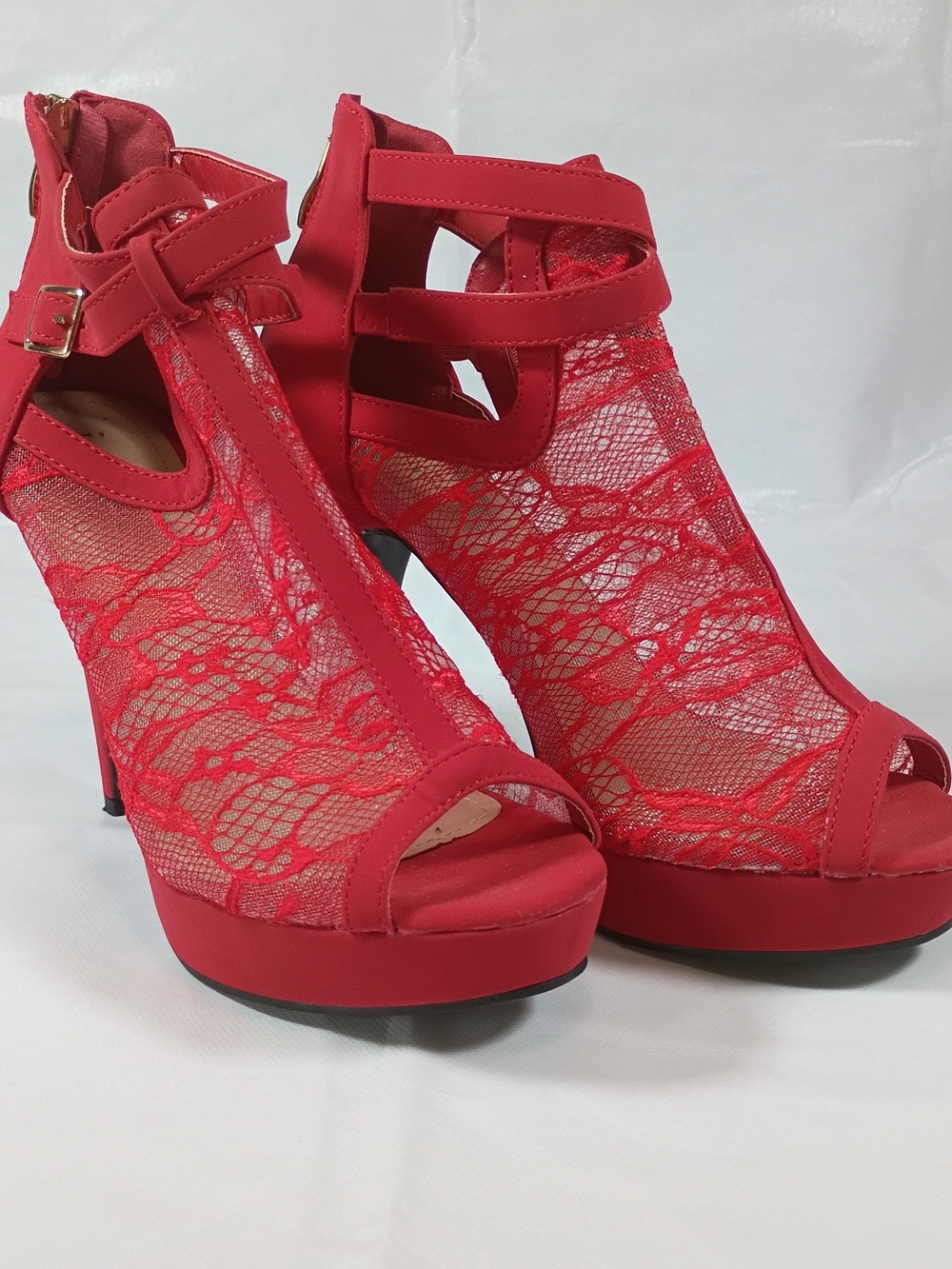 Red Lace Peep-Toe High Heel Sandals - Women's